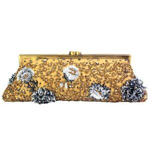 VINTAGE Santi BROWN CANVAS BEADED BEIGE BLUE WHITE FRAME KISS LOCK MEDIUM CLUTCH